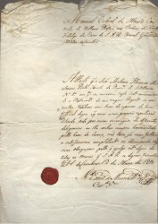 MANUSCRITO assinado e selado a lacre por Manuel Cabral de Moura Coutinho de Vilhena, cavaleiro da ordem de Cristo, Fidalgo da Casa Real, Coronel e Governador Militar de Coimbra passado a António Florencio de Sousa Pinto, Tenente do regimento de Artilharia nº1.